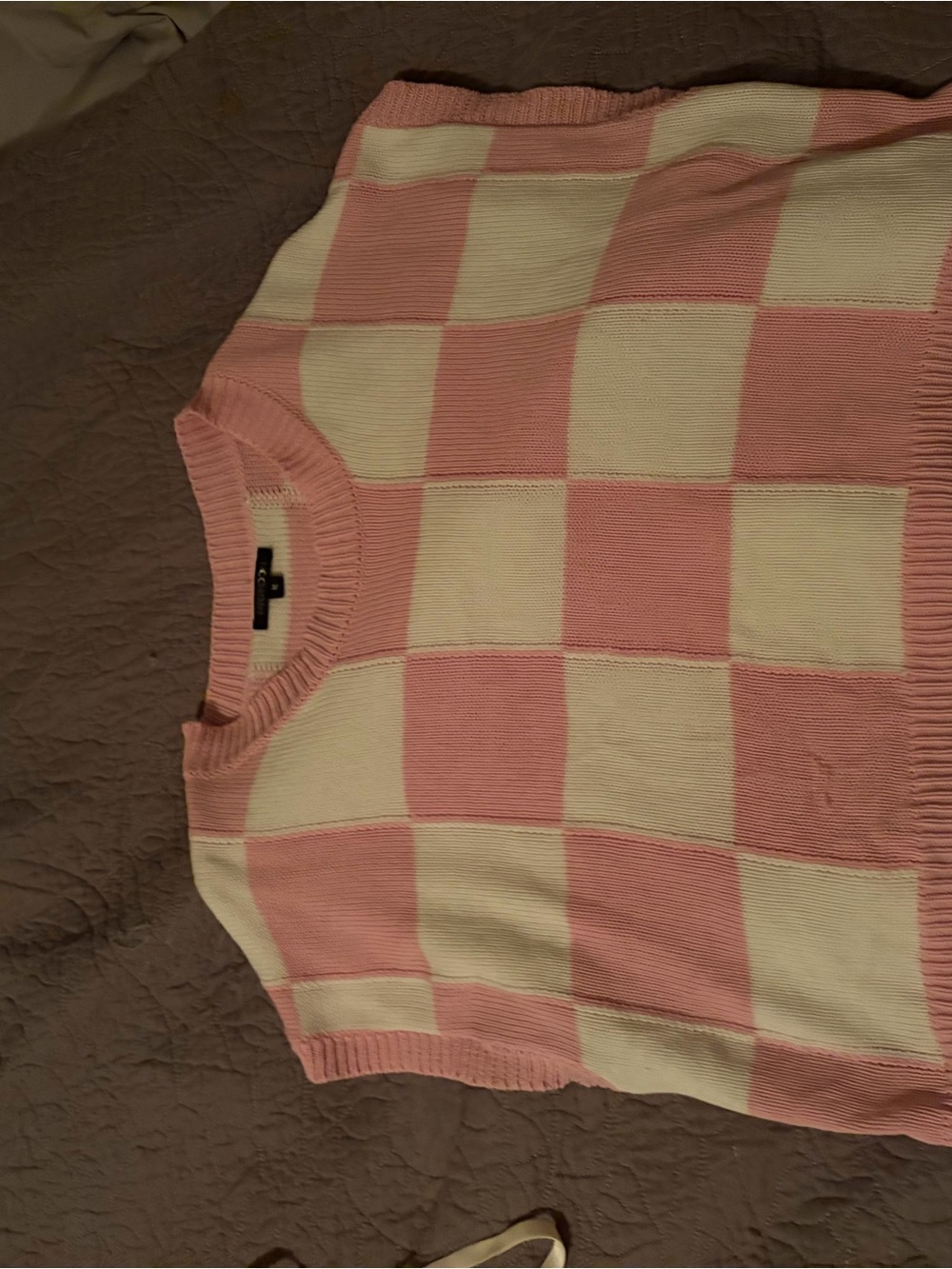 Checkerboard Knit Sweater Vest - Pink and Cream